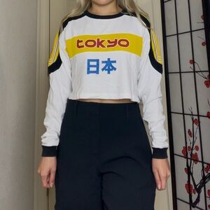 White & Yellow Long-Sleeve “tokyo” Cropped Shirt Top | Forever 21